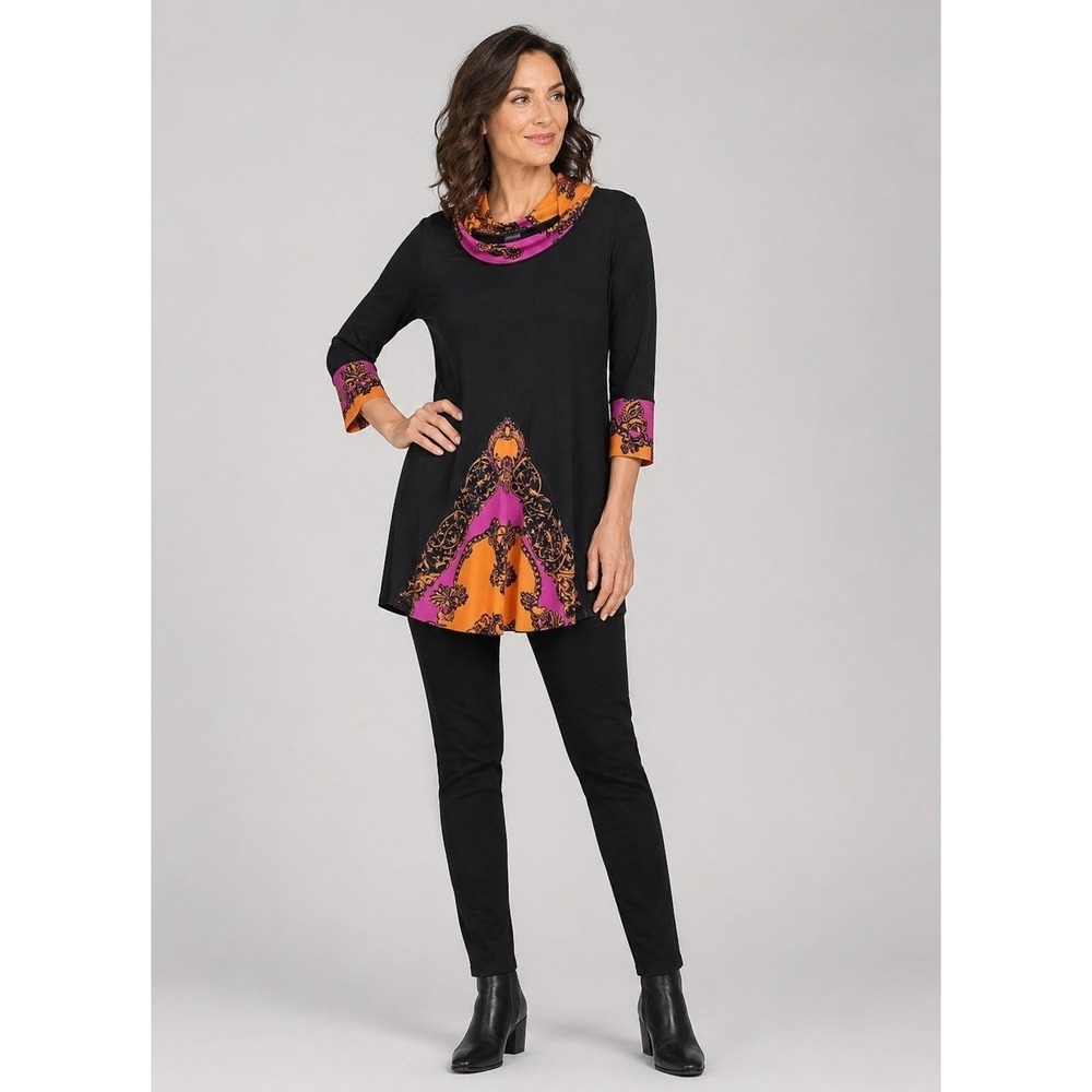 Eva Varro Artsy Equestrian Tunic Top Small Black Polyester Cowl Neck Vintage